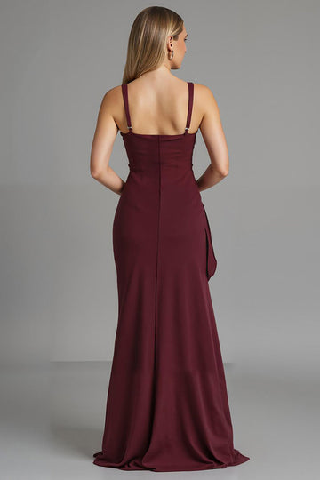 Dark Red Spaghetti Straps Sheath Satin Evening Dress with Slit